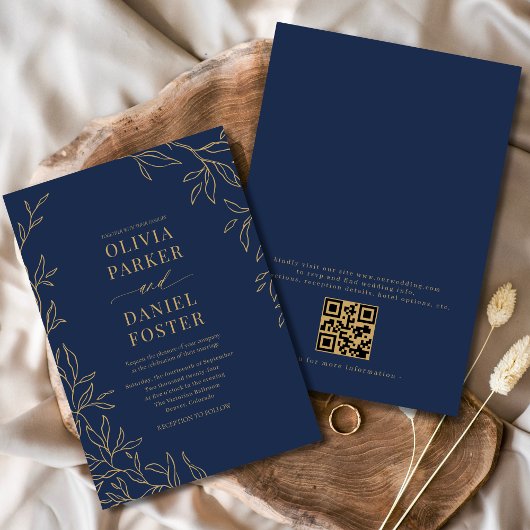 Marine Blauw Goud Elegante Minimalistische QR Code Kaart