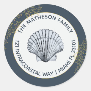 Marine Blauw Goud en Wit Kustzeeschelp Adres Ronde Sticker