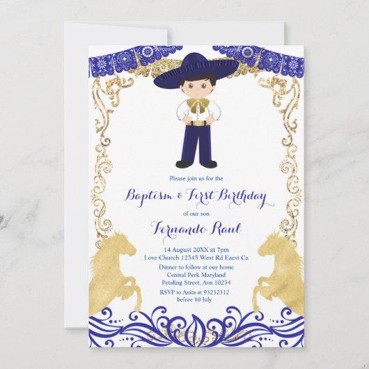 Marine Blauw Goud Fiesta Jongensdoop Verjaardag Kaart (Voorkant)