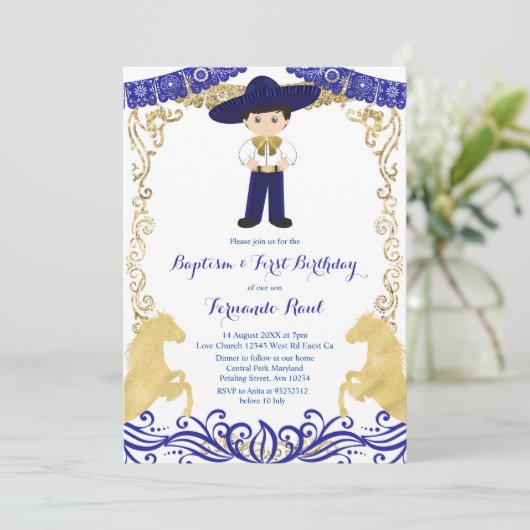 Marine Blauw Goud Fiesta Jongensdoop Verjaardag Kaart (Staand voorkant)