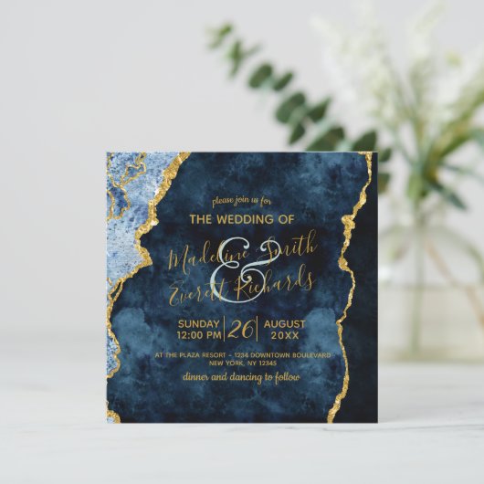 Marine Blauw Goud Folie Agaat Gilt Bruiloft Uitnod Kaart (Staand voorkant)