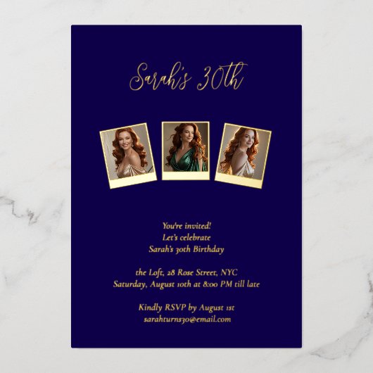 Marine Blauw & Goud Folie Foto 30e Verjaardag Folie Uitnodiging (Voorkant)