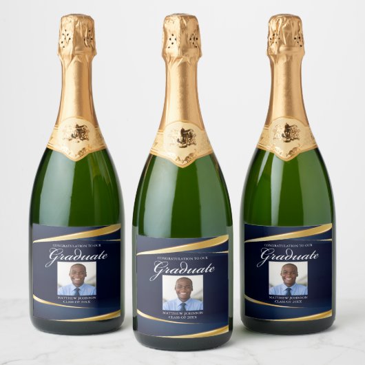 Marine Blauw Goud Formele Foto Afstudeerfeest Sparkling Wijnetiket (Flessen)