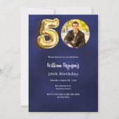 Marine blauw goud foto 50e verjaardag kaart (Voorkant)