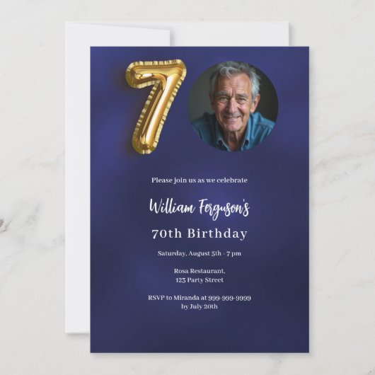 Marine blauw goud foto 70e verjaardag kaart (Voorkant)