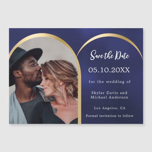 Marine blauw goud foto bruiloft Save the Date magn Magnetische Uitnodiging (Voorkant)