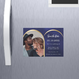 Marine blauw goud foto bruiloft Save the Date magn Magnetische Uitnodiging