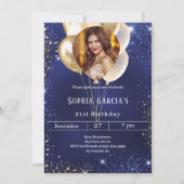 Marine blauw goud foto glitter ballonnen verjaarda kaart (Voorkant)