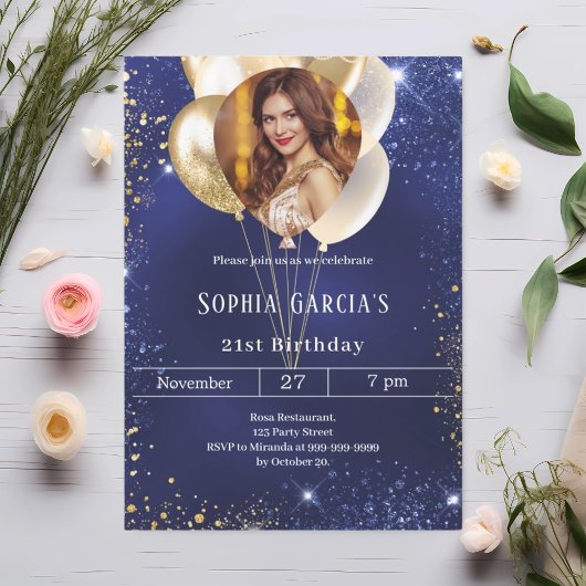 Marine blauw goud foto glitter ballonnen verjaarda kaart