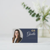 Marine Blauw Goud Foto Monogram Luxe makelaar Visitekaartje (Staand voorkant)