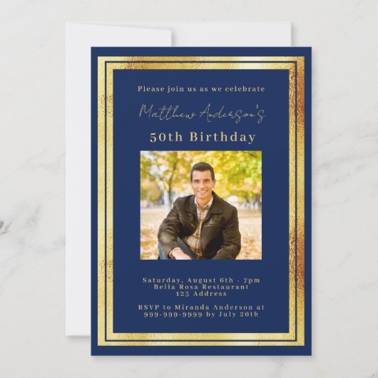 Marine blauw goud foto verjaardag kaart (Voorkant)