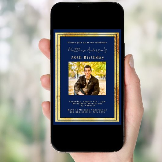 Marine blauw goud foto verjaardag kaart