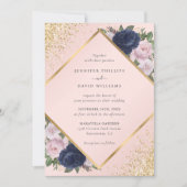 Marine Blauw Goud Geometrische Blush Roze Bloemen  Kaart (Voorkant)