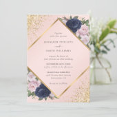 Marine Blauw Goud Geometrische Blush Roze Bloemen  Kaart (Staand voorkant)