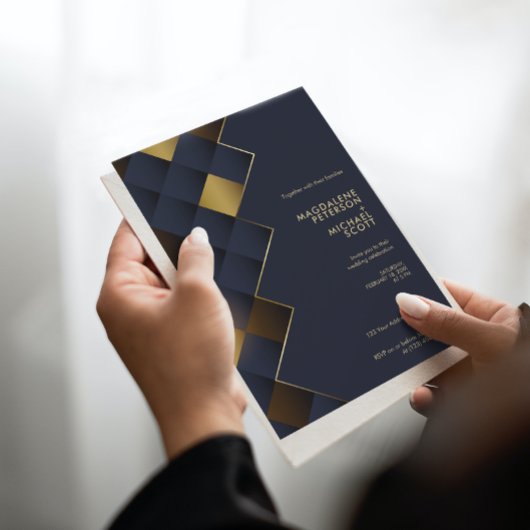 Marine Blauw & Goud Geometrische bruiloft Kaart