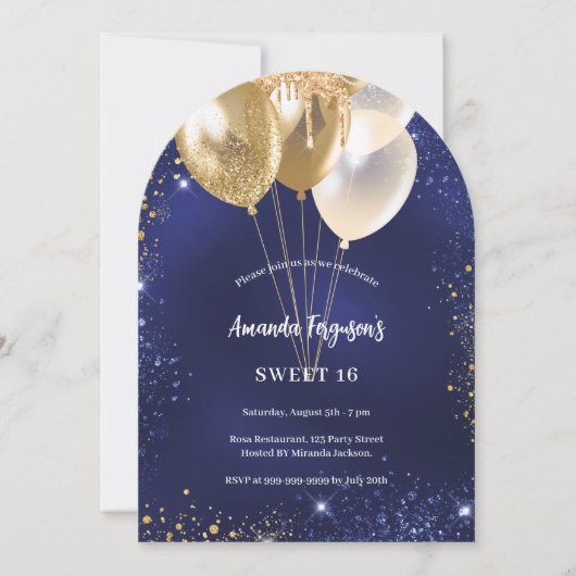 Marine blauw goud glitter ballonnen boog verjaarda kaart (Voorkant)