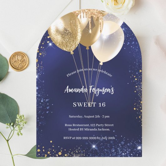 Marine blauw goud glitter ballonnen boog verjaarda kaart