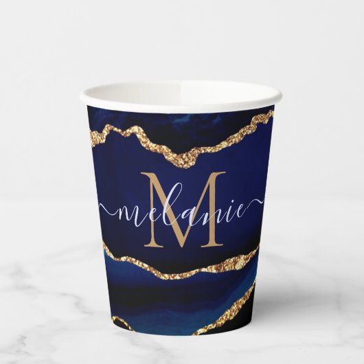 Marine Blauw Goud Glitter Custom Naam Papier Cups Papieren Bekers (Links)