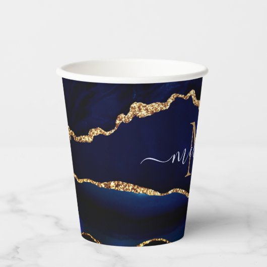 Marine Blauw Goud Glitter Custom Naam Papier Cups Papieren Bekers (Voorkant)