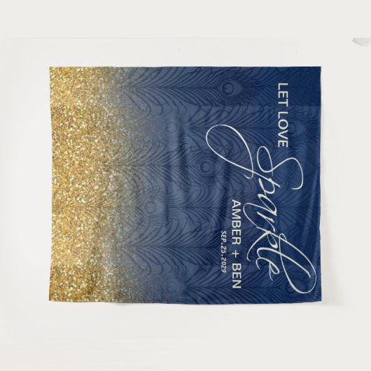 Marine Blauw & Goud Glitter Peacock Wedding Custom Wandkleed (Voorkant (horizontaal))
