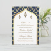 Marine Blauw Goud Hangende Lantaarns Moslim Bruilo Kaart (Staand voorkant)