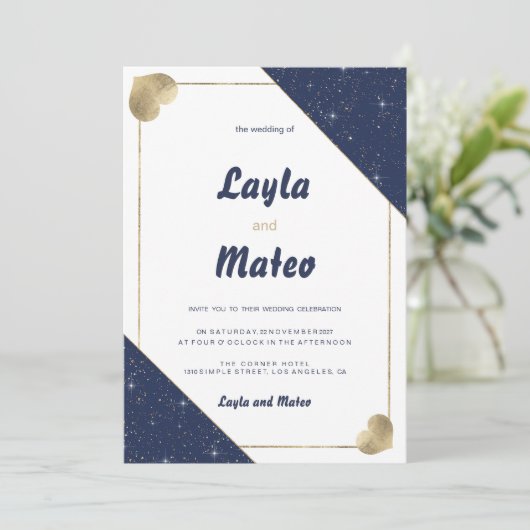 Marine blauw goud hart schittering glitter bruilof kaart (Staand voorkant)