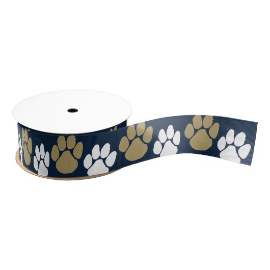 Marine Blauw & Goud Herhalende Pawprint Grosgrain Lint (Spoel)