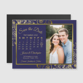 Marine Blauw & Goud Kalender Foto Opslaan Datum Ma Magnetische Uitnodiging (Voorkant / Achterkant)