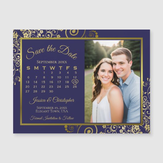 Marine Blauw & Goud Kalender Foto Opslaan Datum Ma Magnetische Uitnodiging (Voorkant)