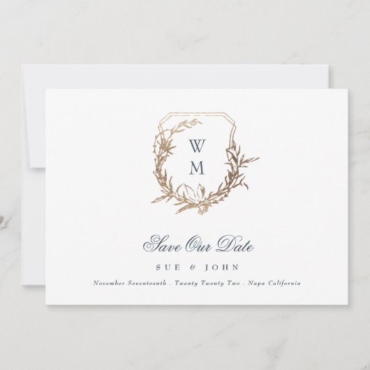 Marine Blauw Goud Klassiek Monogram Crest Bruiloft Save The Date (Voorkant)