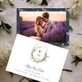 Marine Blauw Goud Klassiek Monogram Crest Bruiloft Save The Date