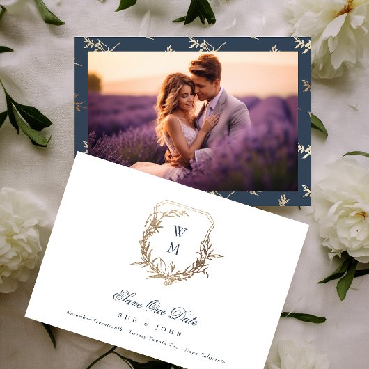Marine Blauw Goud Klassiek Monogram Crest Bruiloft Save The Date