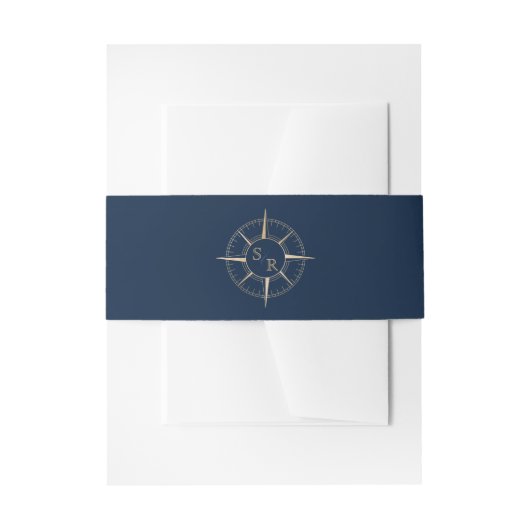 Marine Blauw Goud Kompas Monogram Paspoort Uitnodigingen Wikkel (Voorkant Voorbeeld)