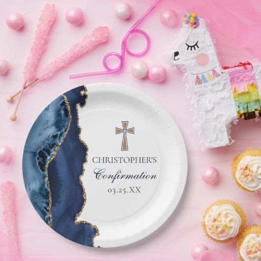 Marine Blauw Goud Kruis Custom Bevestiging Partij Papieren Bordje (Feest)
