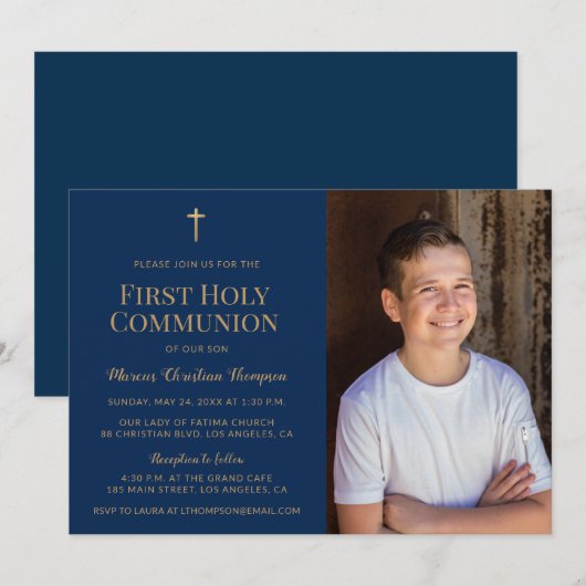 Marine Blauw Goud Kruis Eerste Heilige Communie Fo Kaart (Voorkant / Achterkant)