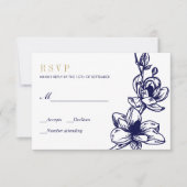 Marine Blauw Goud Magnolia Bloemen Bloei Bruiloft  RSVP Kaartje (Voorkant)
