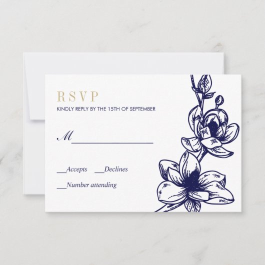 Marine Blauw Goud Magnolia Bloemen Bloei Bruiloft  RSVP Kaartje (Voorkant)