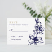 Marine Blauw Goud Magnolia Bloemen Bloei Bruiloft  RSVP Kaartje (Staand voorkant)