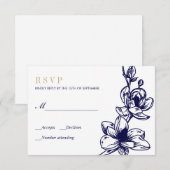 Marine Blauw Goud Magnolia Bloemen Bloei Bruiloft  RSVP Kaartje (Voorkant / Achterkant)