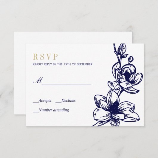 Marine Blauw Goud Magnolia Bloemen Bloei Bruiloft  RSVP Kaartje (Voorkant / Achterkant)