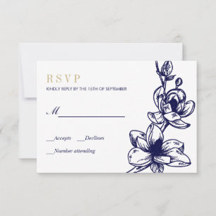 Marine Blauw Goud Magnolia Bloemen Bloei Bruiloft  RSVP Kaartje