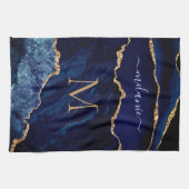 Marine Blauw Goud Marmer Aangepaste Naam Keukenhan Theedoek (Horizontaal)