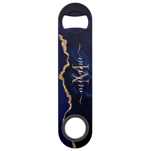 Marine Blauw Goud Marmer Custom Letter Naam Bar Ke Speed Flessenopener (Voorkant)