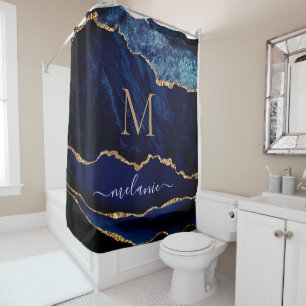 Marine Blauw Goud Marmer Custom Naam Douchegordijn