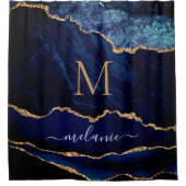 Marine Blauw Goud Marmer Custom Naam Douchegordijn (Voorkant)