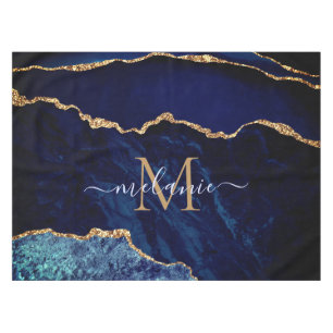 Marine Blauw Goud Marmer Custom Naam Tafelkleed