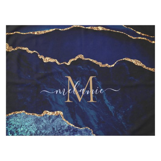 Marine Blauw Goud Marmer Custom Naam Tafelkleed (Voorkant (Horizontaal))