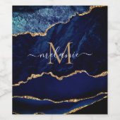 Marine Blauw Goud Marmer Monogram Naam Fles Labels Wijn Etiket (Enkel label)