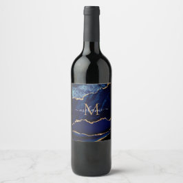 Marine Blauw Goud Marmer Monogram Naam Fles Labels Wijn Etiket