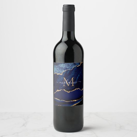 Marine Blauw Goud Marmer Monogram Naam Fles Labels Wijn Etiket (Voorkant)